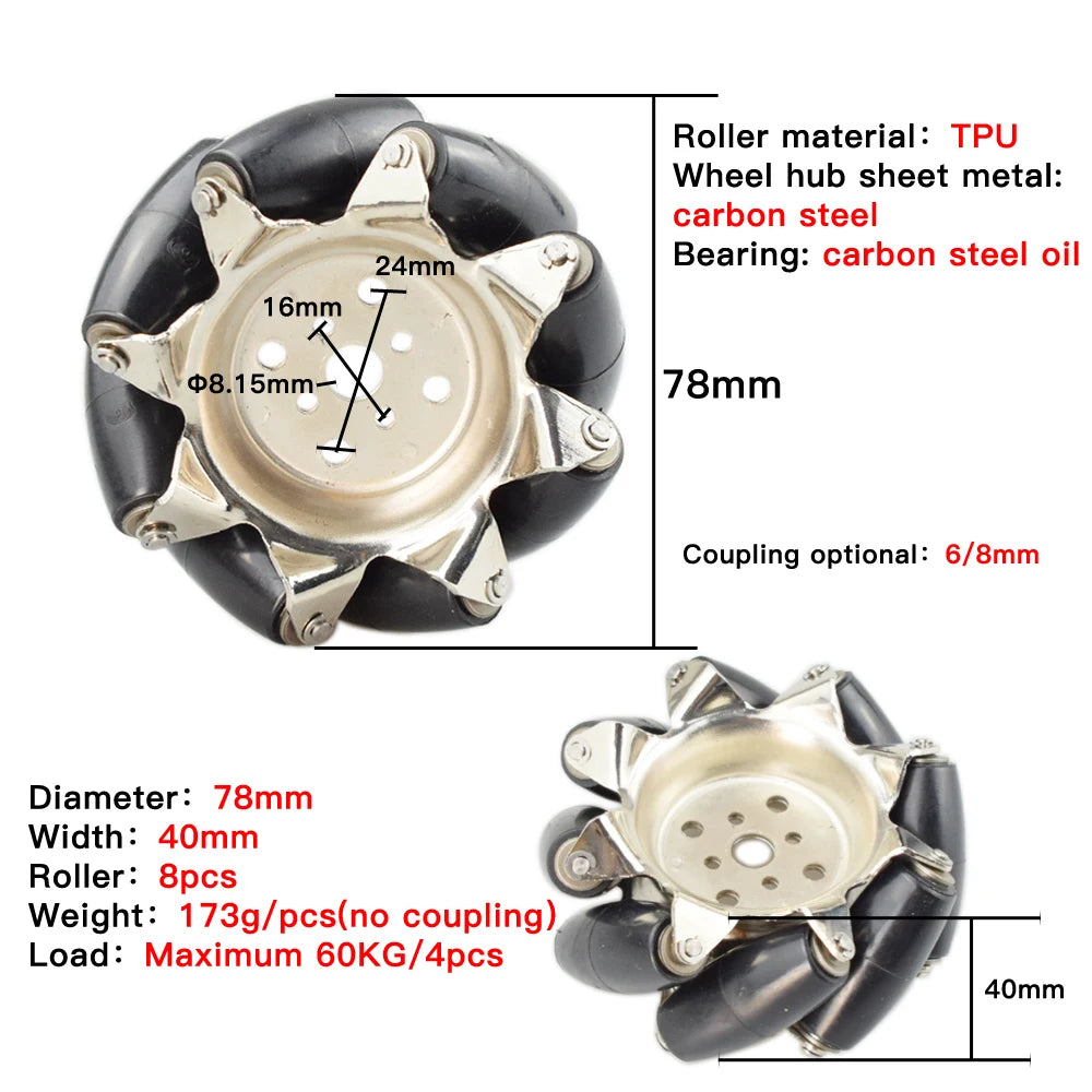 60KG Heavy Load 4pcs 3inch Steel Mecanum Wheel Universal Omnidirectional Wheel for Large Load Robot Handling, Transport Car Move