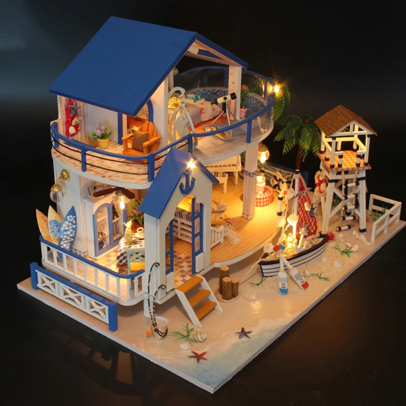 Miniature Diy Doll House Wooden Miniature Handmade Dollhouses Furniture Kit Handmade Toys For Children Girl Gift Legend Blue Sea