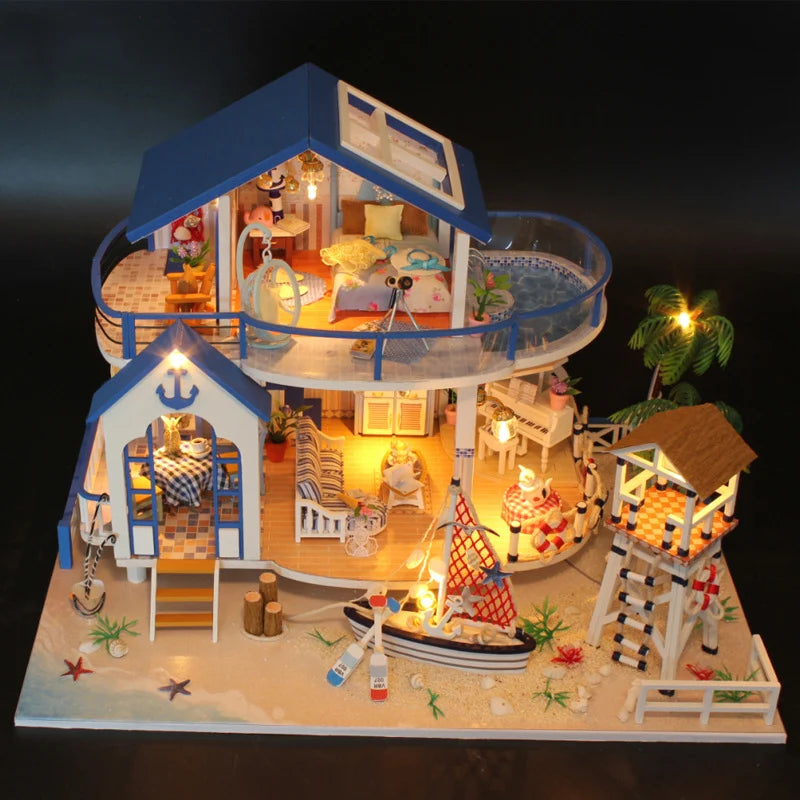 Miniature Diy Doll House Wooden Miniature Handmade Dollhouses Furniture Kit Handmade Toys For Children Girl Gift Legend Blue Sea