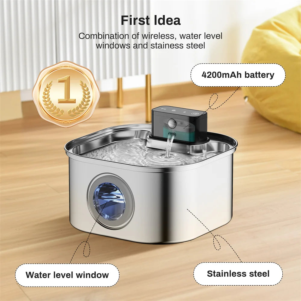 3.2L/108oz Wireless Charging Sensor Cat Water Feeder Stainless Steel Cat Dog Water Fountain Silent Water Level Window No Plug