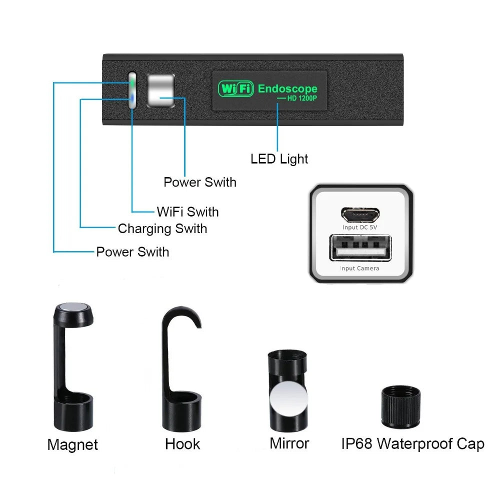 Wireless Endoscope 1200P Scope Snake Camera with 8 LED Lights 8mm Lens Video HD Inspection Camera for Android & iOS Phone PC