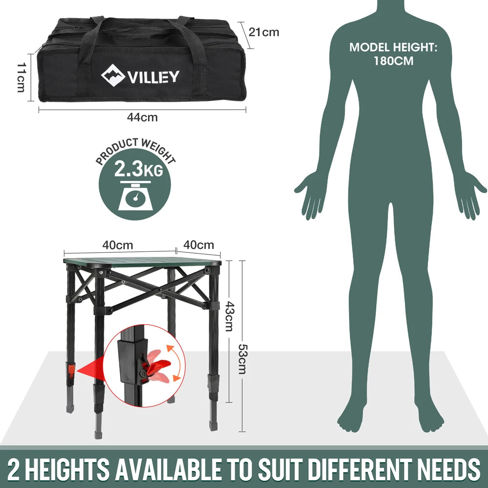 VILLEY 70X70CM Aluminum Folding Square Table with Carry Bag Height Adjusted Outdoor Furniture for RV Garden Camping Picnic