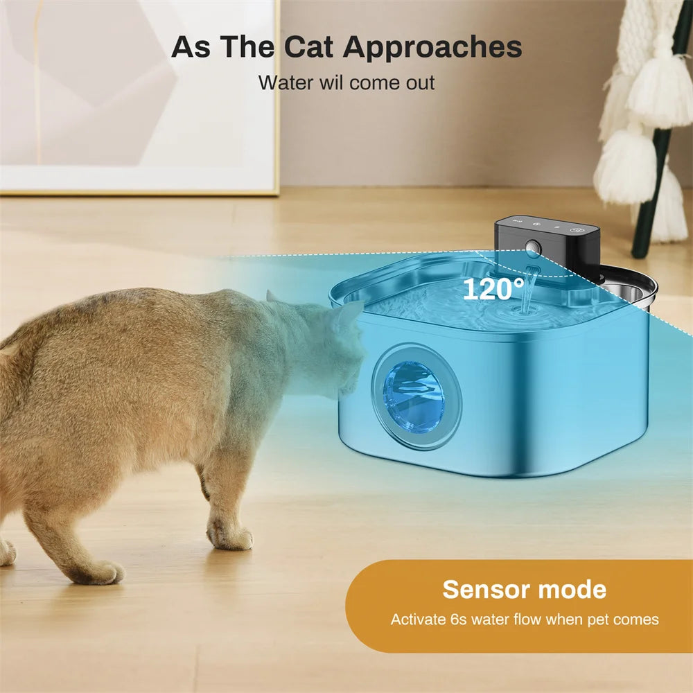 3.2L/108oz Wireless Charging Sensor Cat Water Feeder Stainless Steel Cat Dog Water Fountain Silent Water Level Window No Plug