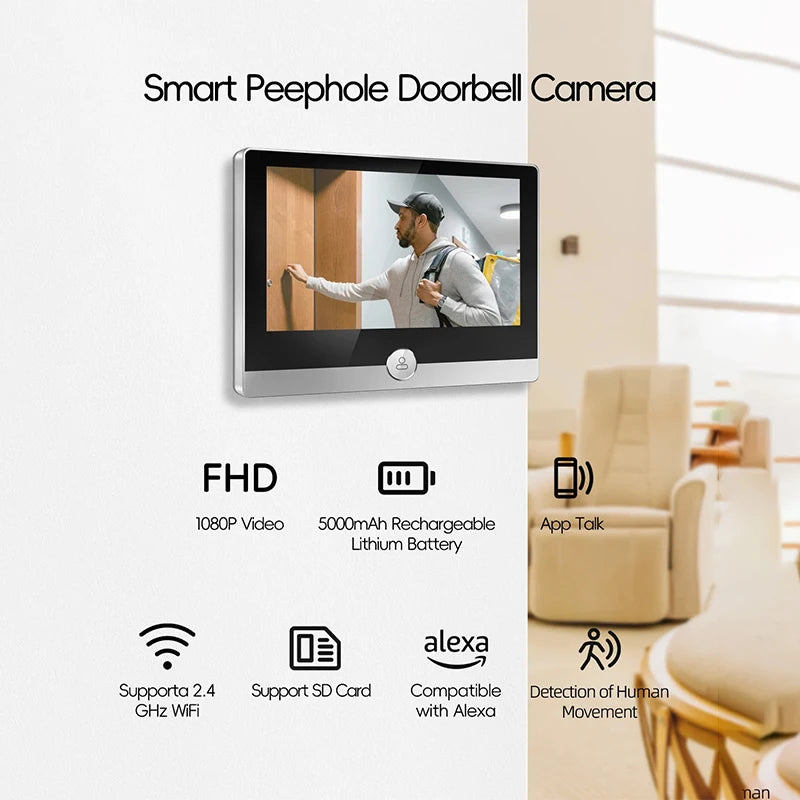 Jeatone Alexa Tuya Smart WiFi Video Peephole 1080P/158° Doorbell Camera For Home 4.3" LCD Screen 24H PIR Movement Detection Eye