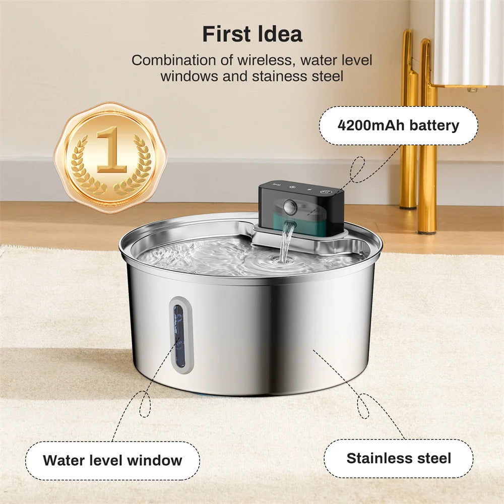 3.2L/108oz Wireless Charging Sensor Cat Water Feeder Stainless Steel Cat Dog Water Fountain Silent Water Level Window No Plug