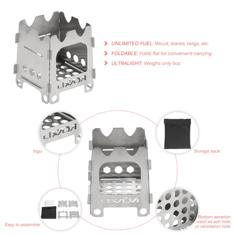 Lixada Titanium/Stainless steel Outdoor Camping Stove Portable Ultralight Folding Wood Stove Pocket Stove Camping Fishing Hiking