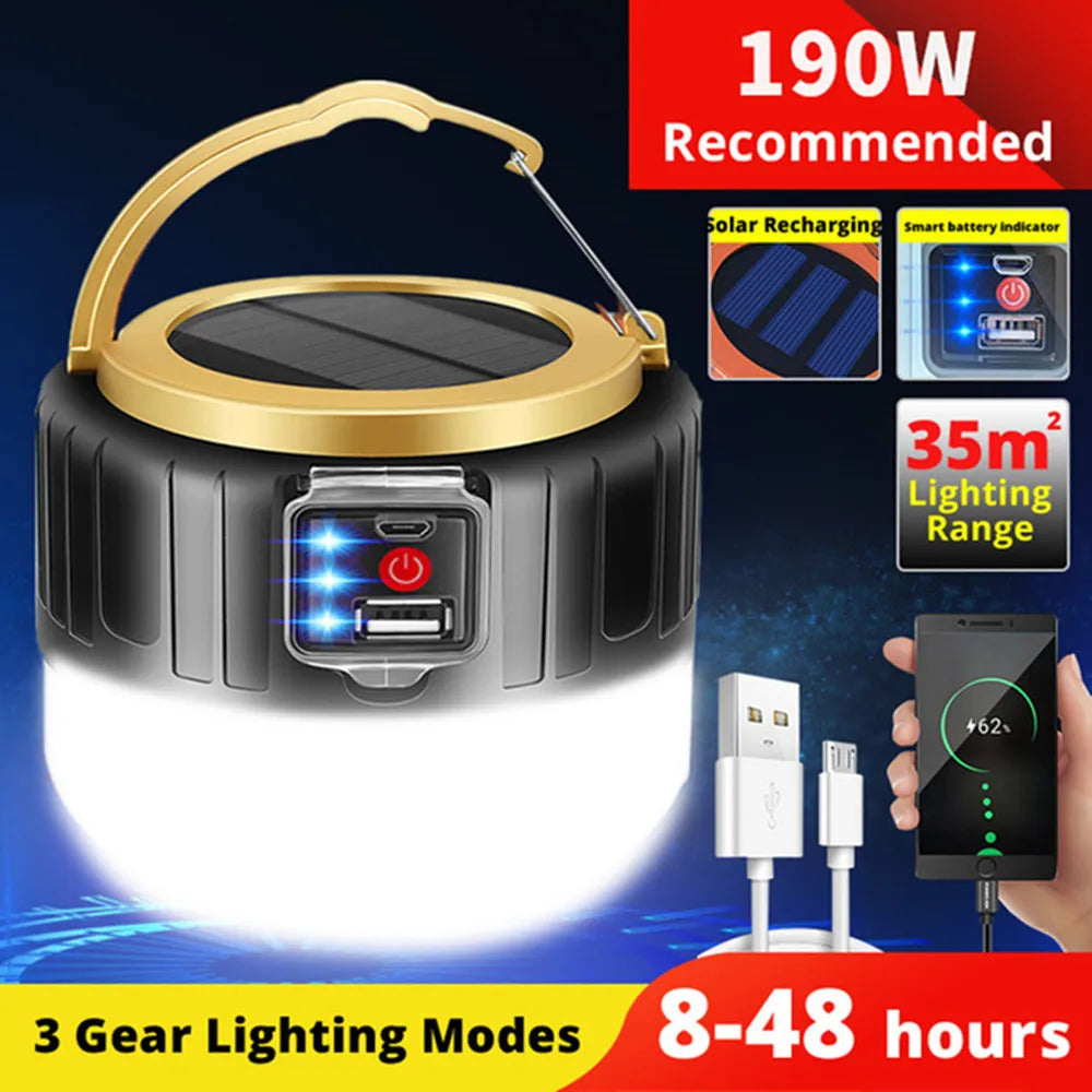 Solar LED Camping Light Waterproof Outdoor Emergency Tent Lights Portable USB Rechargeable Tent Lamp Market Energy Saving Bulb