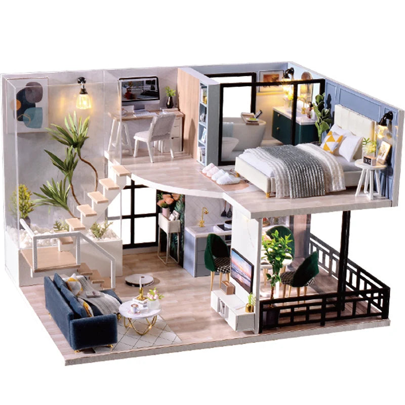 Doll House Kit 3D Wooden Mini Doll House Assembly Building with Furniture Kit Toys Children's Birthday Gift DIY Handmade 3D Jigs