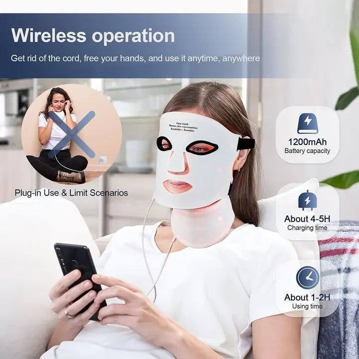 Wireless 7 Colors LED Face Beauty Machine Photon Facial Neck Skin Tighten Rejuvenation Silicone Mask