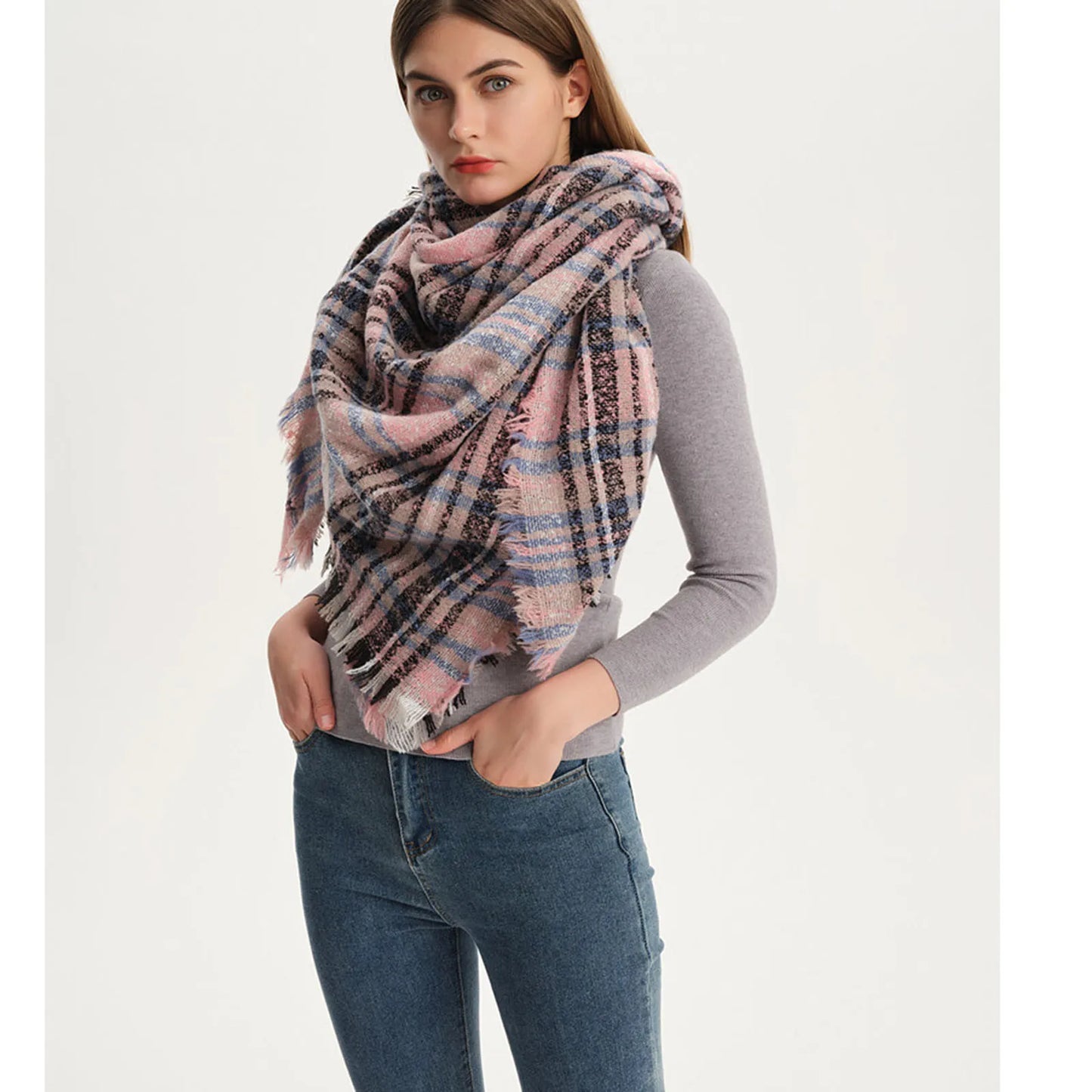 Autumn Winter Plaid Scarf Shawl Women Knitted Triangle Scarves Bandana Lady Warm Blanket Shawls Wraps Neck Scarfs