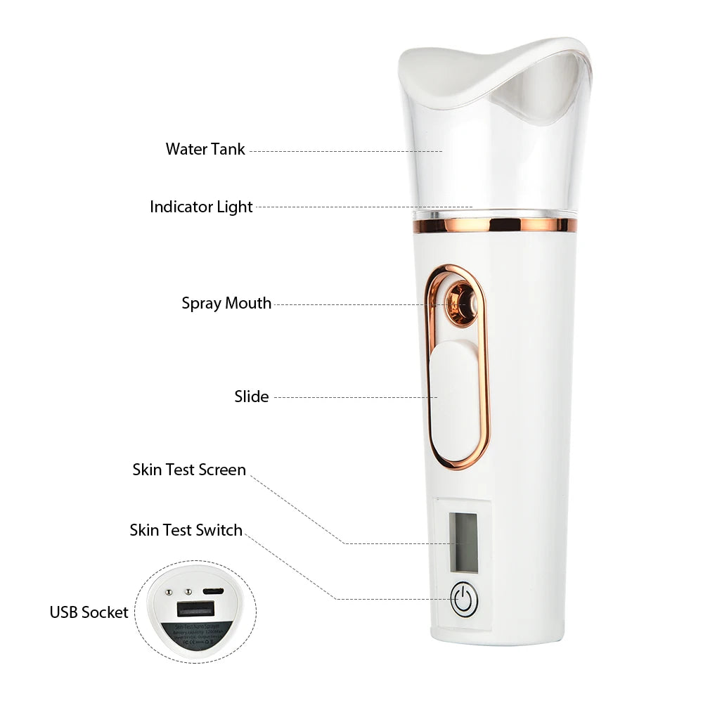 Nano Facial Spray with Skin Test Display, Portable Mini Humidifier Moisturizing Skin Face Steamer Nanomist Hydration Water Spa