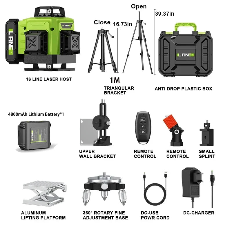Lfine Nivel Laser 4D 16 Lines 360°Self-leveling Laser Levels withTripod and Suitcase Green Lines Professional Laser Level Tool