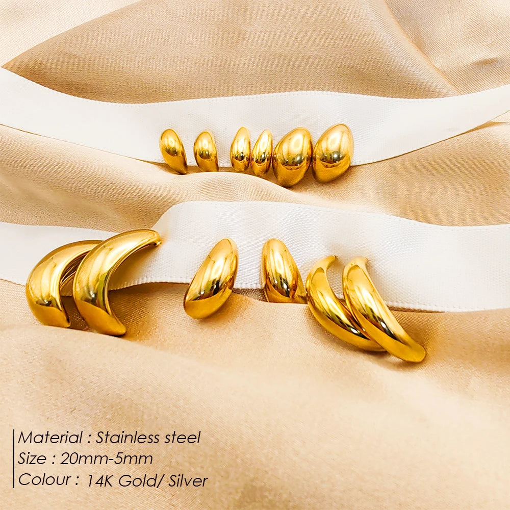 eManco Steel color Gold color Simple Women Chunky Hoops Earrings Gift Fashion Jewelry Stainless Wives Round Smooth Thick Hoop
