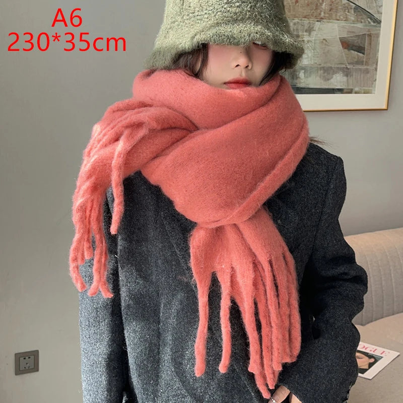 Luxury Cashmere Bright Solid Colors Women Scarf Winter Shawl and Wrap Bandana Pashmina Tassel Female Foulard Thick Blanket
