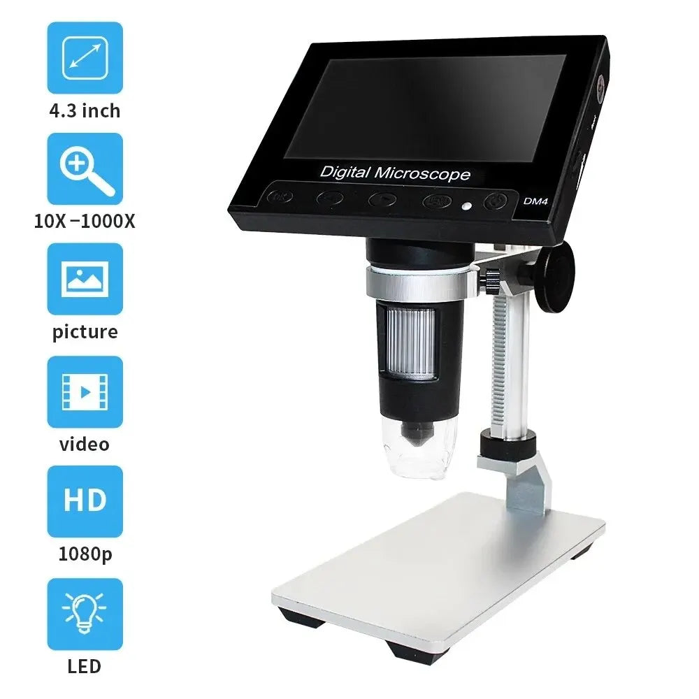DM4 4.3'' Digital Stereo Microscope 1000X USB Amplifier Electronic Soldering 8 LEDs High Resolution Handheld Portable