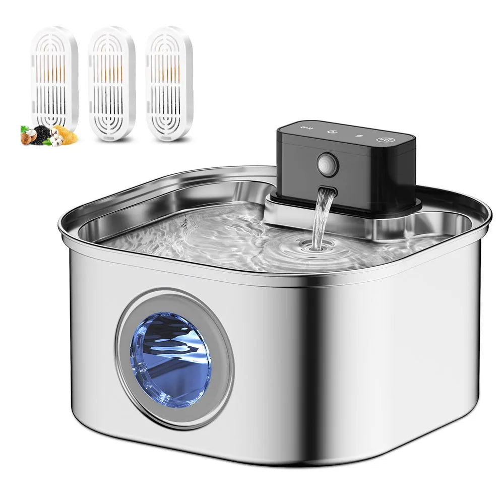 3.2L/108oz Wireless Charging Sensor Cat Water Feeder Stainless Steel Cat Dog Water Fountain Silent Water Level Window No Plug