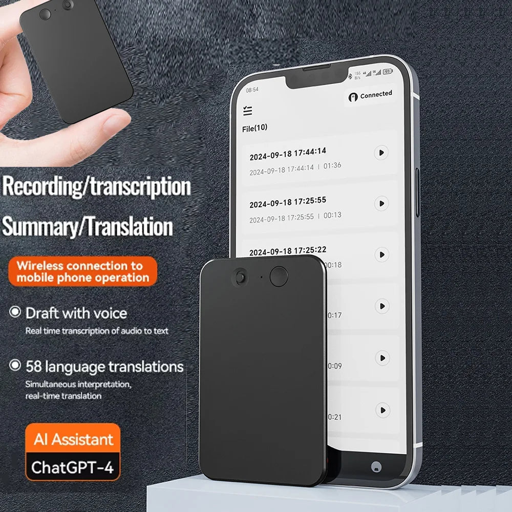 Intelligent AI ChatGPT-4 App Phone Call Voice Recorder Free Realtime Translator Summarize 58 Language Device Audio Dictaphone