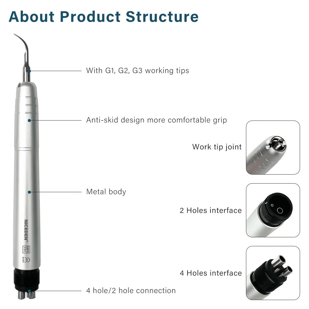 Dental Ultrasonic Air Scaler with 3 Tips Tooth Calculus Remover Cleaning Tool Handpiece Whiten 2Holes/4 Holes Tooth Cleaner
