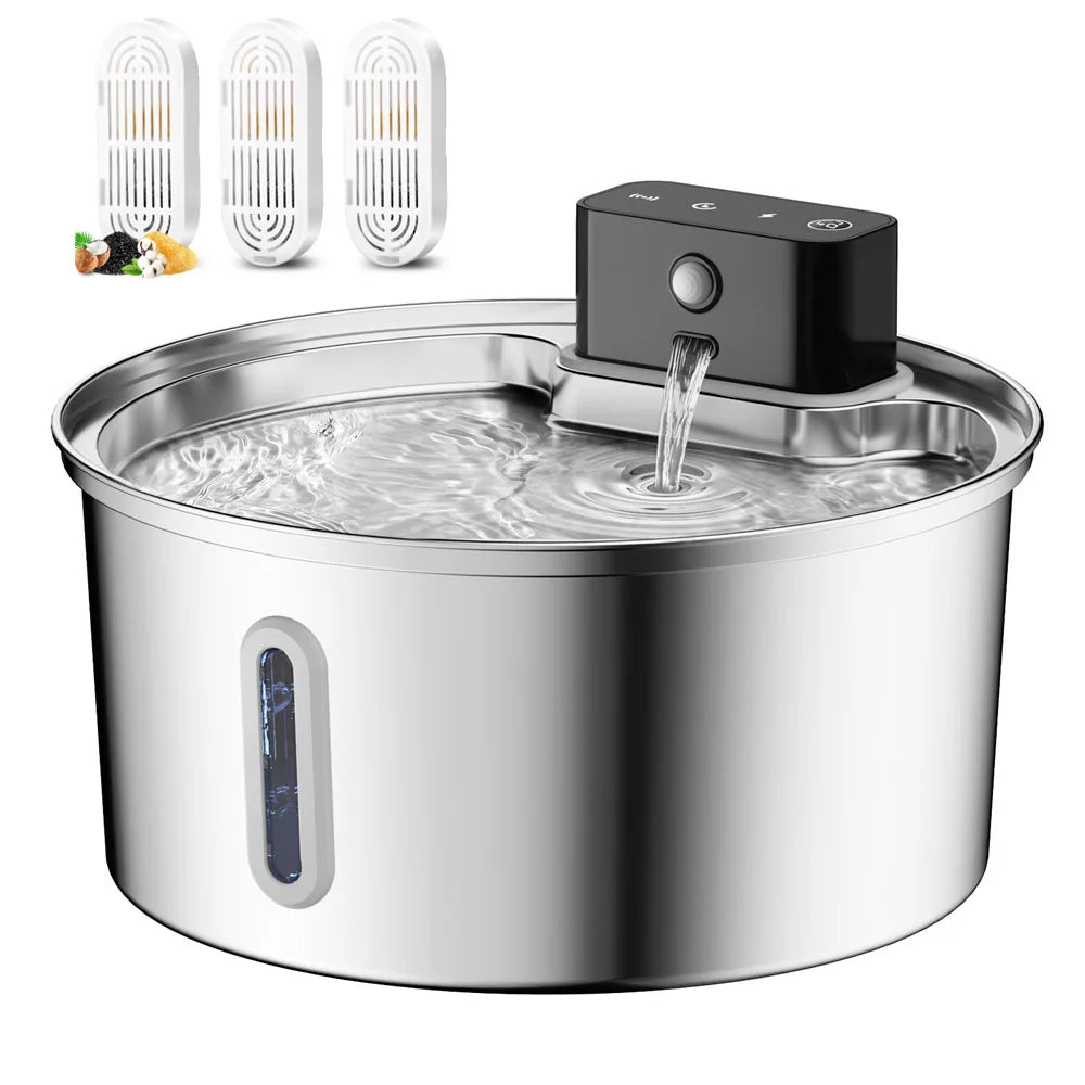 3.2L/108oz Wireless Charging Sensor Cat Water Feeder Stainless Steel Cat Dog Water Fountain Silent Water Level Window No Plug