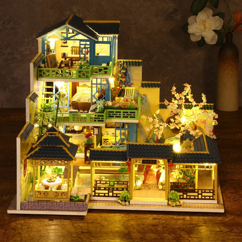 Big Diy Wooden Dollhouse with Furniture Light Casa Miniature Doll House Kit Home Chinese style villa Model Toys Birthday Gifts