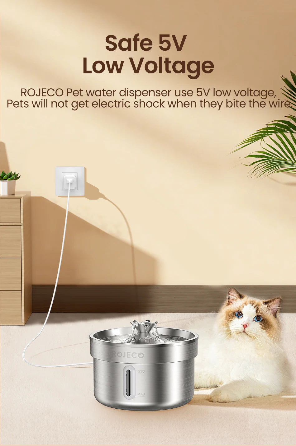 ROJECO Stainless Steel Pet Drinking Fountain Automatic Cat Water Fountain Smart Pet Water Dispenser for Dog Cat Drinking Supply
