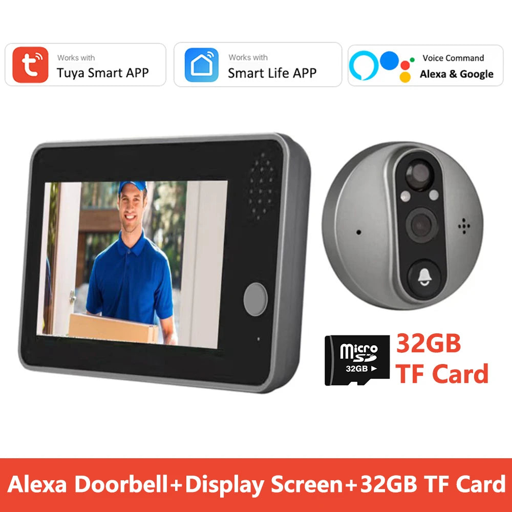 1080P Tuya Smart WiFi Door Bell Eye Peephole Camera Viewer 2-way Audio Home Security 4.3' FHD Digital Viewer Alexa Doorbell