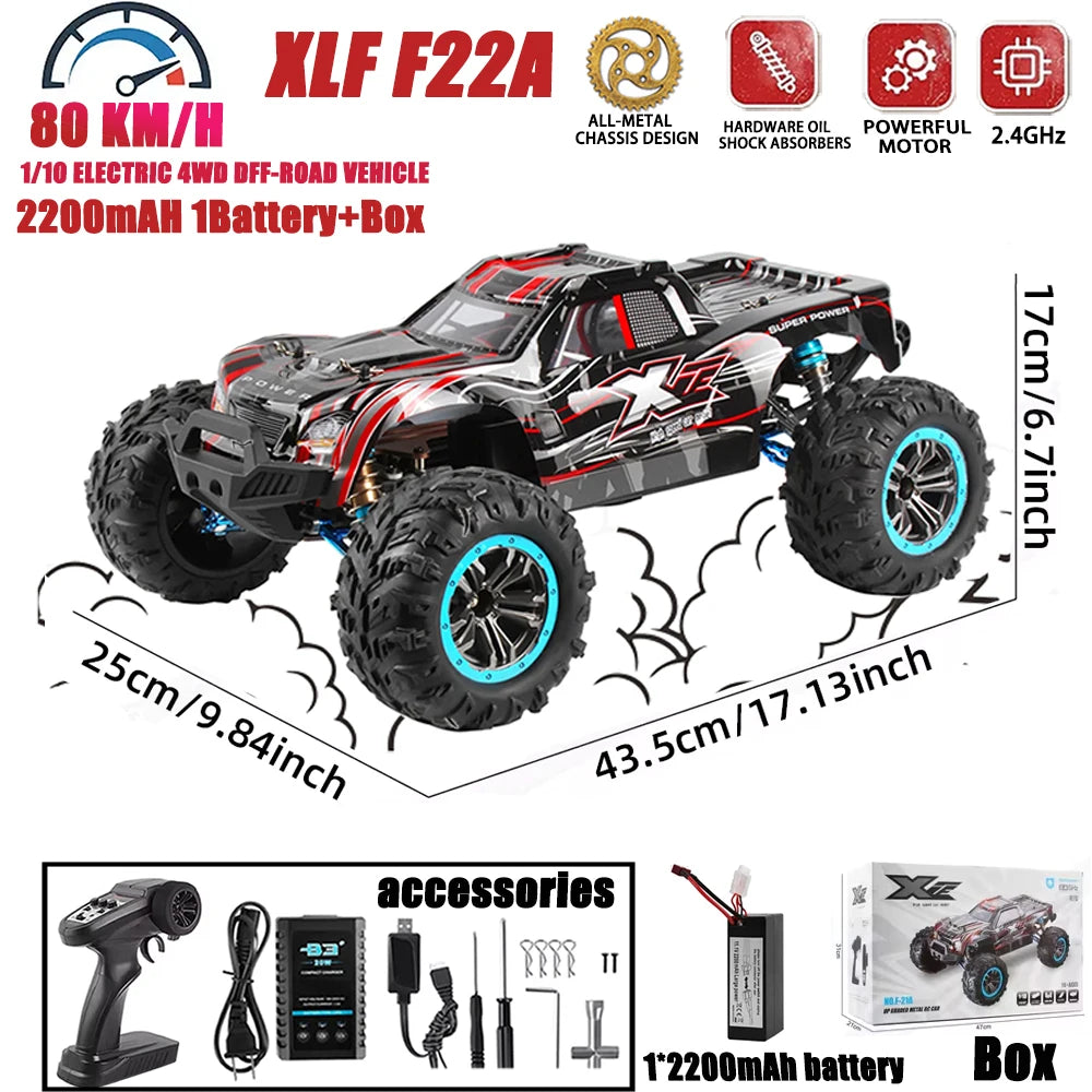 2024 XLF F22A RC 1:10 80KM/H 4WD 2.4G RC Cars Brushless All Metal Undercarriage Car Remote Control High Speed Drift Truck Toys