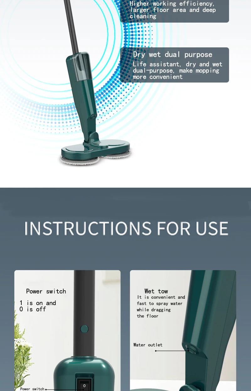 Electric Mop Dual-Motor Low Noise Electric Spin Mop with Water Tank USB Charging Cordless Handheld Mops Floor Cleaning Tool