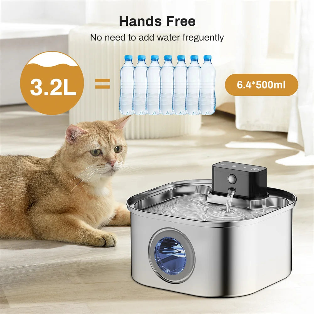3.2L/108oz Wireless Charging Sensor Cat Water Feeder Stainless Steel Cat Dog Water Fountain Silent Water Level Window No Plug