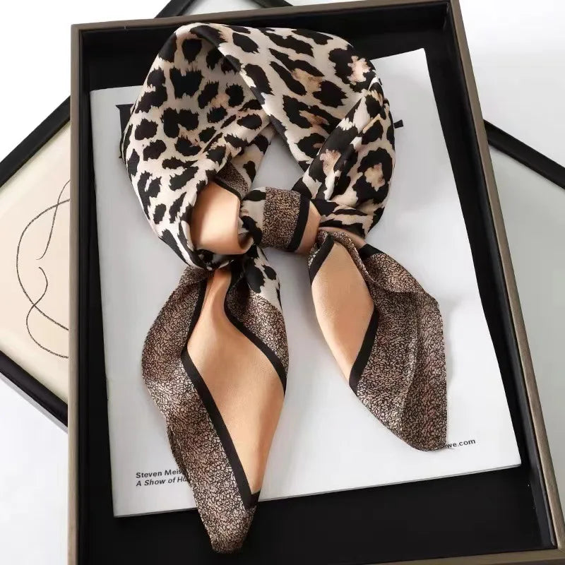 70CM Silk Feeling Square Scarf Women Leopard Print Neckerchief Hair Band Foulard Bandana Echarpe Tie Shawl Wraps Luxury Brand