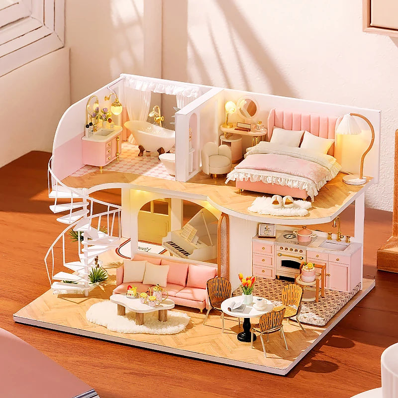 3D Wooden Mini Doll House Assembly Building With Furniture Kit DIY Handmade Duplex Apartment Production Toys Kids Birthday Gifts