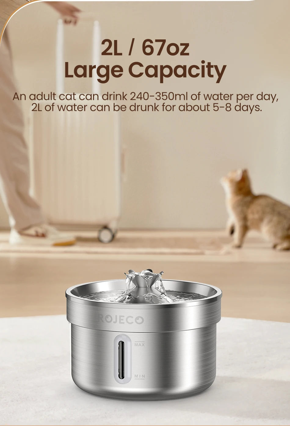 ROJECO Stainless Steel Pet Drinking Fountain Automatic Cat Water Fountain Smart Pet Water Dispenser for Dog Cat Drinking Supply