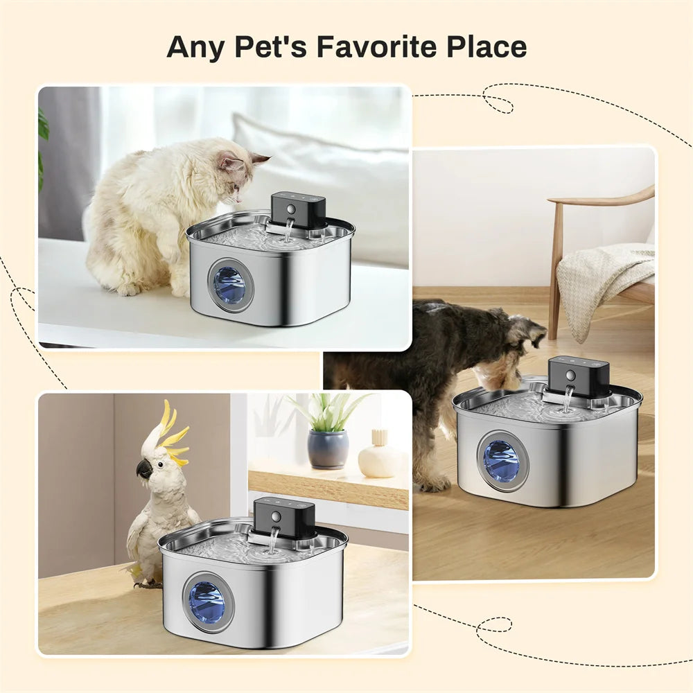 3.2L/108oz Wireless Charging Sensor Cat Water Feeder Stainless Steel Cat Dog Water Fountain Silent Water Level Window No Plug