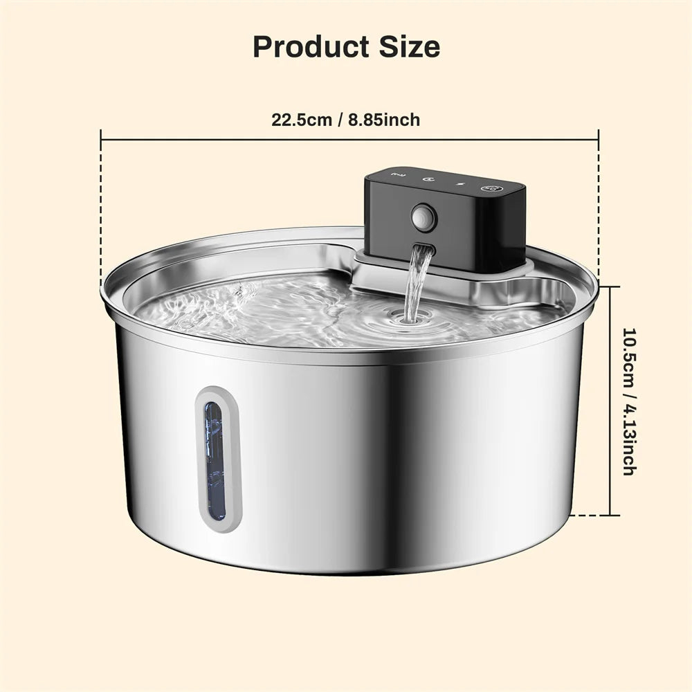3.2L/108oz Wireless Charging Sensor Cat Water Feeder Stainless Steel Cat Dog Water Fountain Silent Water Level Window No Plug