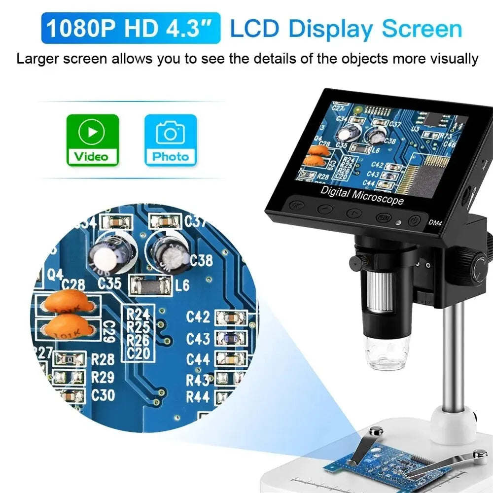 DM4 4.3'' Digital Stereo Microscope 1000X USB Amplifier Electronic Soldering 8 LEDs High Resolution Handheld Portable