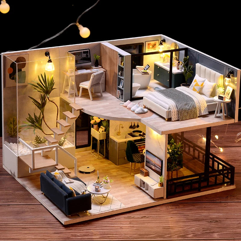 Doll House Kit 3D Wooden Mini Doll House Assembly Building with Furniture Kit Toys Children's Birthday Gift DIY Handmade 3D Jigs