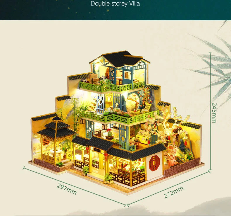 Big Diy Wooden Dollhouse with Furniture Light Casa Miniature Doll House Kit Home Chinese style villa Model Toys Birthday Gifts