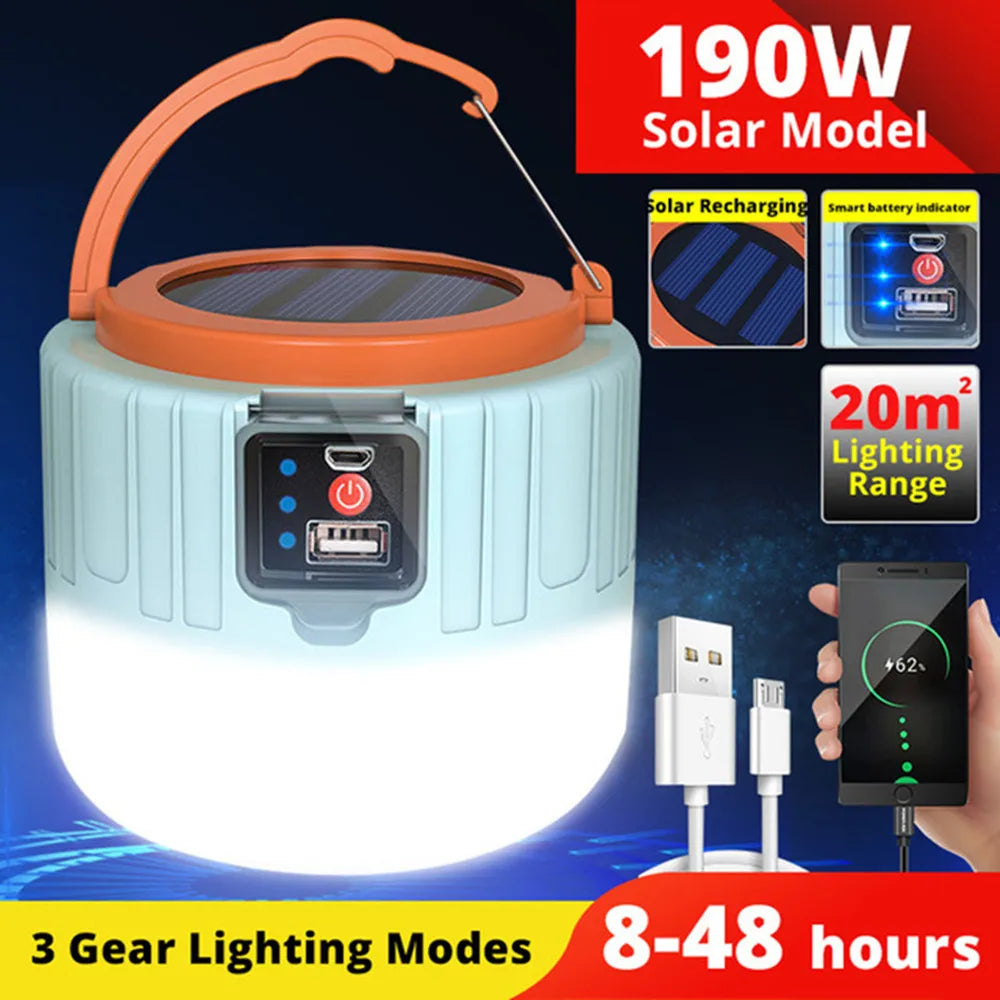 Solar LED Camping Light Waterproof Outdoor Emergency Tent Lights Portable USB Rechargeable Tent Lamp Market Energy Saving Bulb