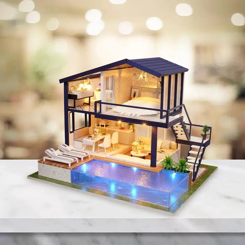 Miniature Doll Wood Crafts Swimming Pool House Creative Room Toys for Gift