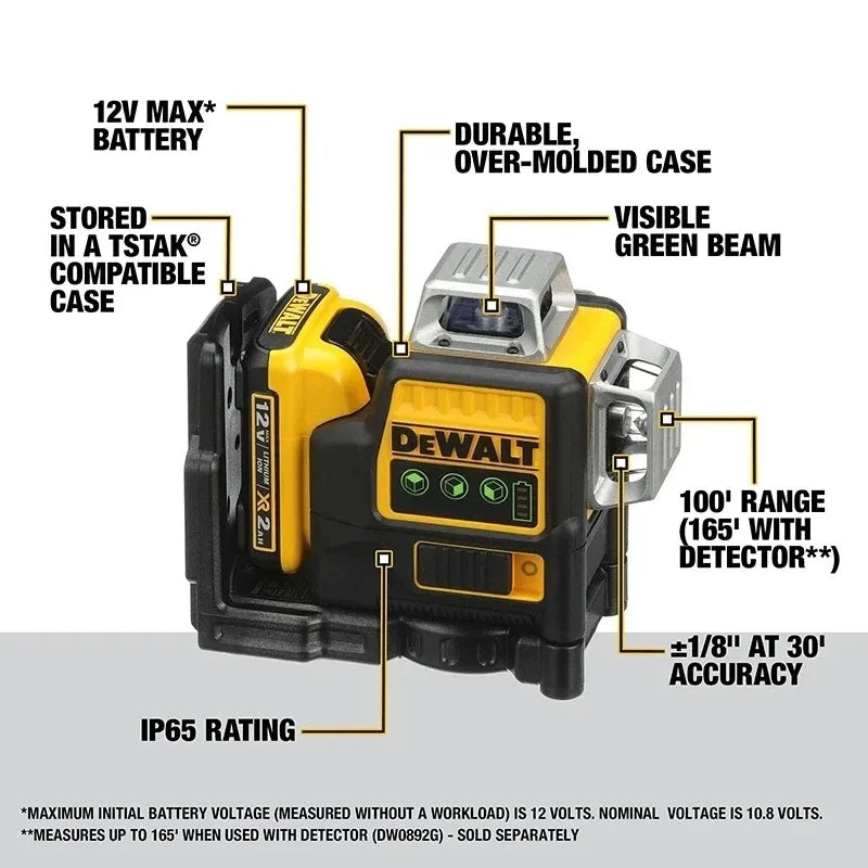 Dewalt DW089LG 3 Sides*360 Degree Vertical 12V Lithium Battery 12 Lines Laser Level Horizontal Green Light Level Meter Outdoor