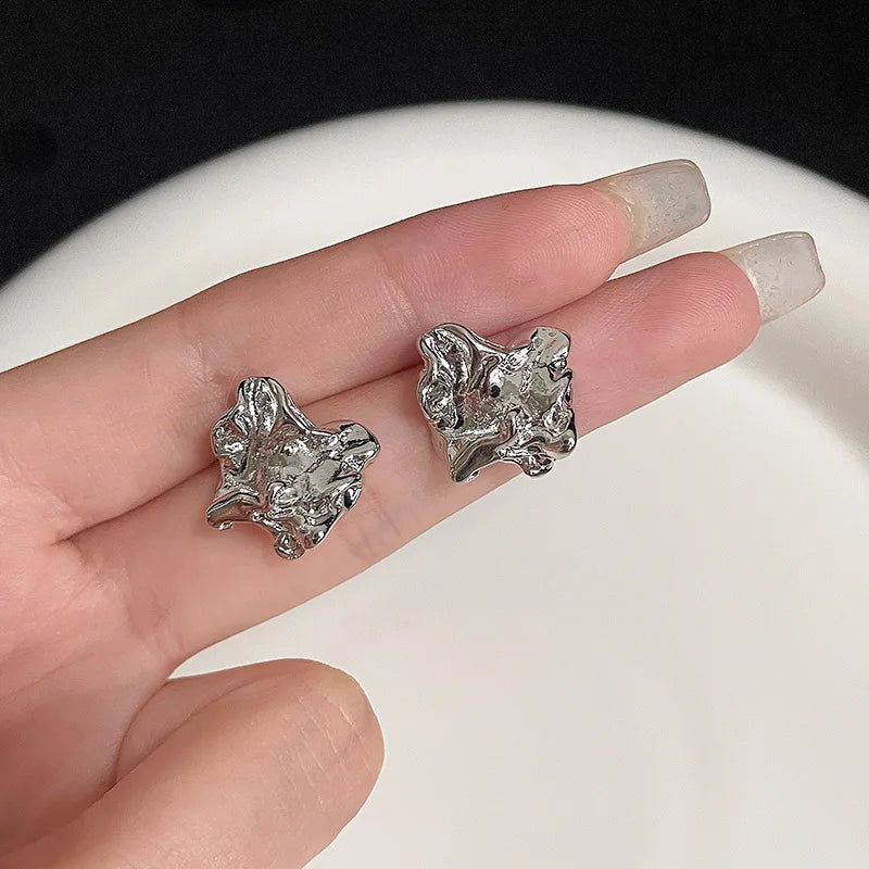 Irregular Pleated Lava Earrings For Women Trendy Metallic Texture Geometric Small Stud Earrings Temperament Party Jewelry Gifts