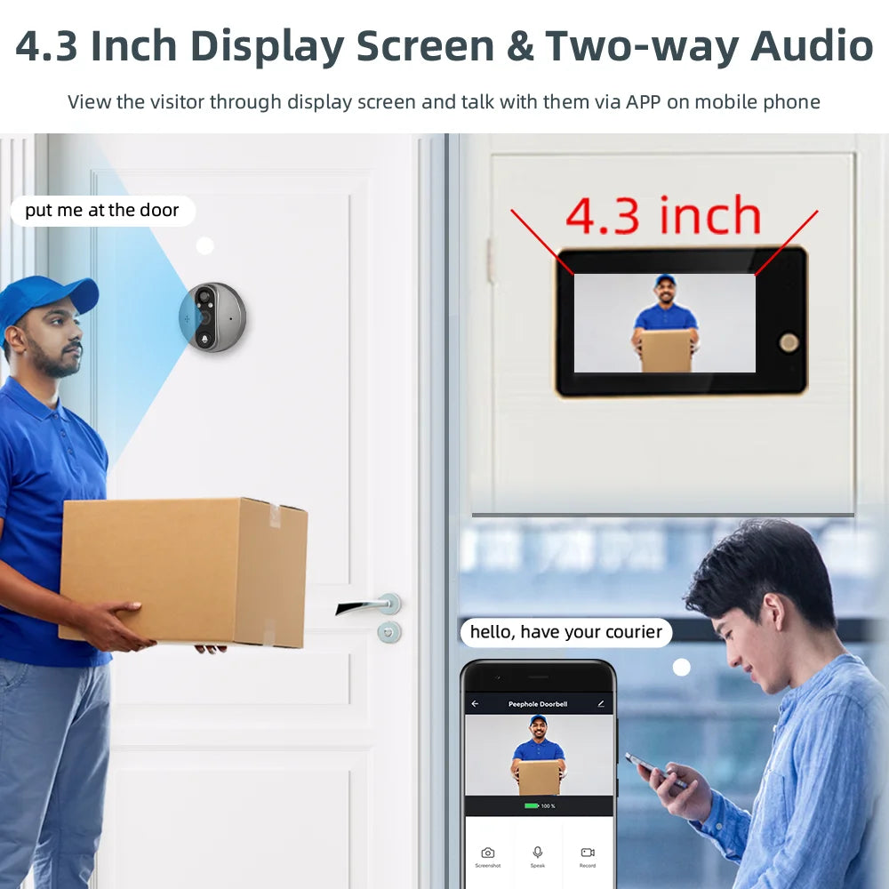 1080P Tuya WiFi Video Doorbell Camera Smart Home Door Bell Video Security Intercom Peephole 4.3" LCD Screen PIR Motion Detection