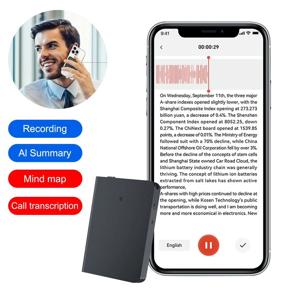 AI Intelligent Activated Digital Voice Recorder Sound Dictaphone Transcribe Summarize Language Translation Call Audio Recording