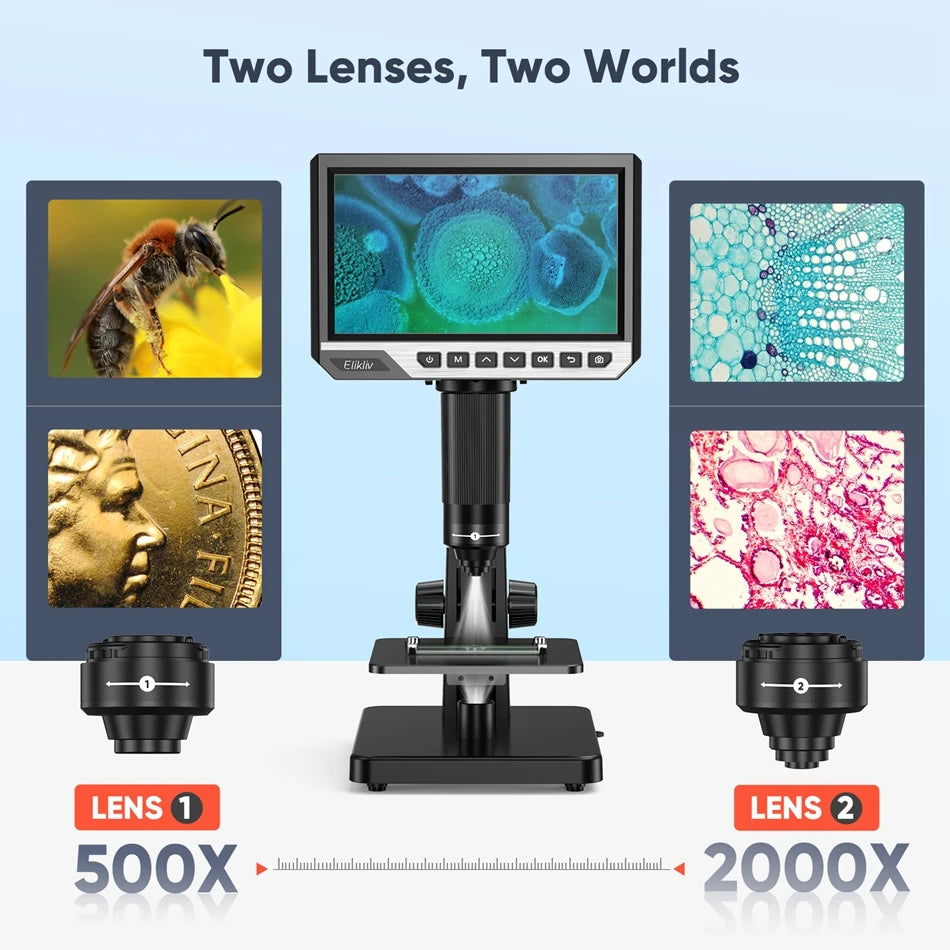 Elikliv EDM11S Digital Microscope 2000X 7" IPS 12MP 1080P Lab Biological Microscope Camera Dual Lens With Remote Control
