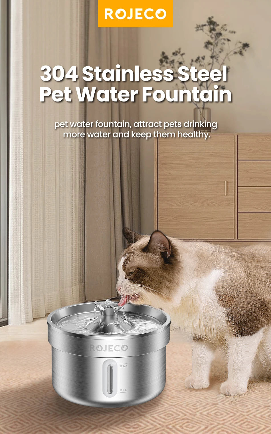 ROJECO Stainless Steel Pet Drinking Fountain Automatic Cat Water Fountain Smart Pet Water Dispenser for Dog Cat Drinking Supply