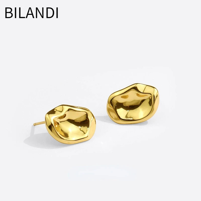 Bilandi Trendy Jewelry 925 Silver Needle Gold Color Earrings Simply Design Metal Alloy Goemetric Stud Earrings For Women Girl