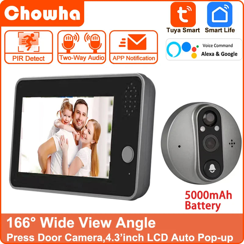 1080P Tuya Smart WiFi Door Bell Eye Peephole Camera Viewer 2-way Audio Home Security 4.3' FHD Digital Viewer Alexa Doorbell