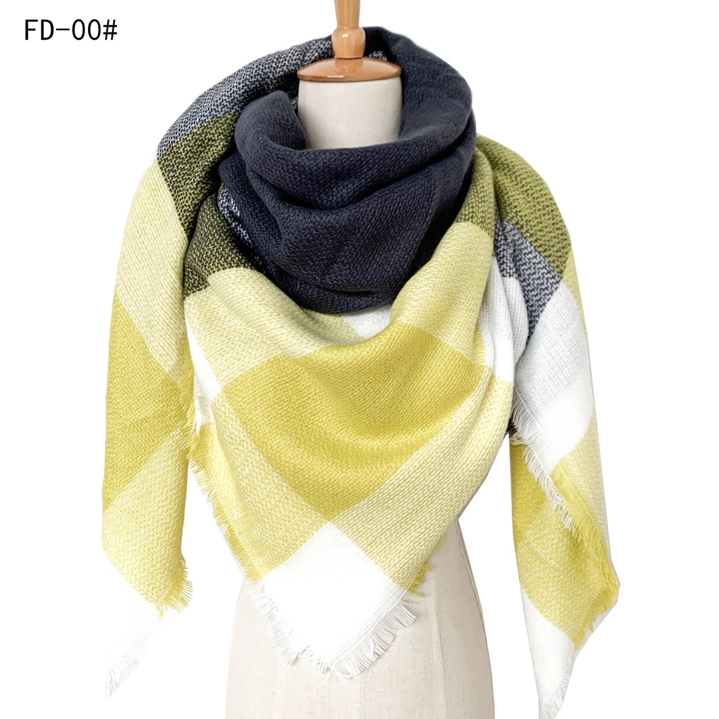 2024 New European and American Autumn and Winter New Yellow Grey Imitation Cashmere Large Grid Square Scarf, Women's Large Size