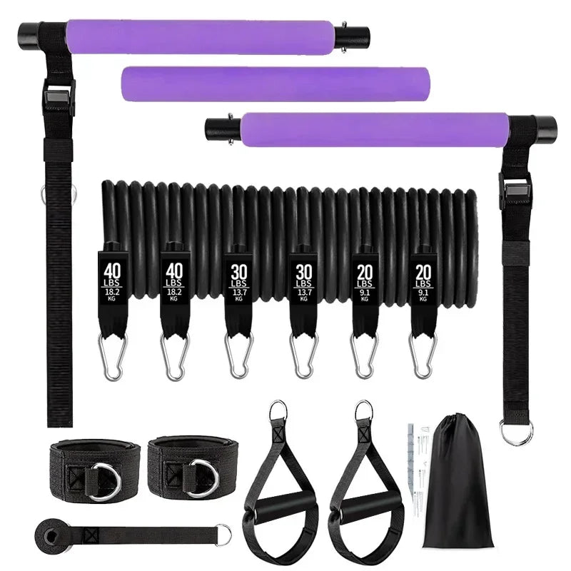 Portable Pilates Bar Kit with Resistance Bands Set 180LBS Bodybuilding Elastic Bands Fitness Stick Sports Pull Rope Workout Bar