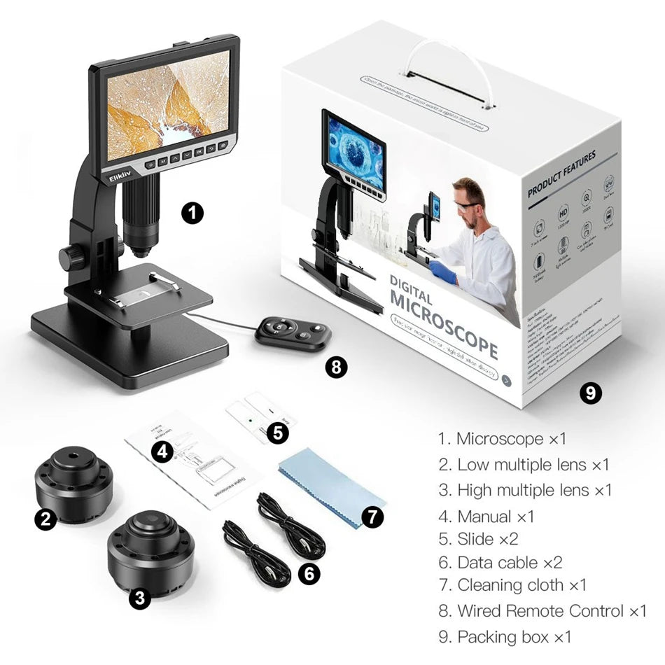 Elikliv EDM11S Digital Microscope 2000X 7" IPS 12MP 1080P Lab Biological Microscope Camera Dual Lens With Remote Control